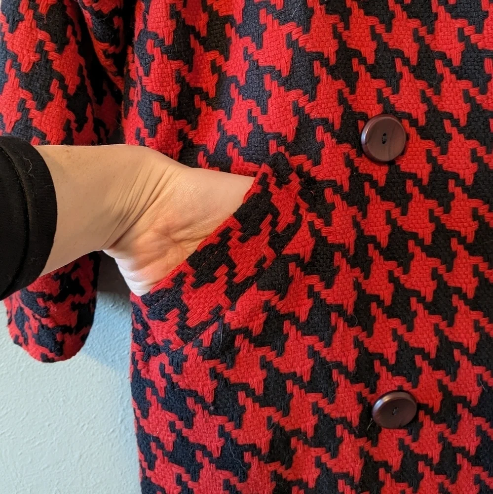 King Feather Retro Red & Black Houndstooth Pea Coat Size L - Picture 6 of 15